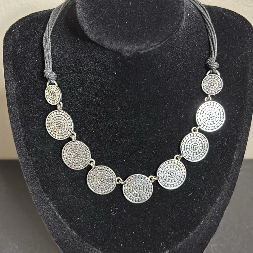 St. Thomas Silver Disk Dangle Black Leather Necklace Minimalist​​​​​​​​​​​​